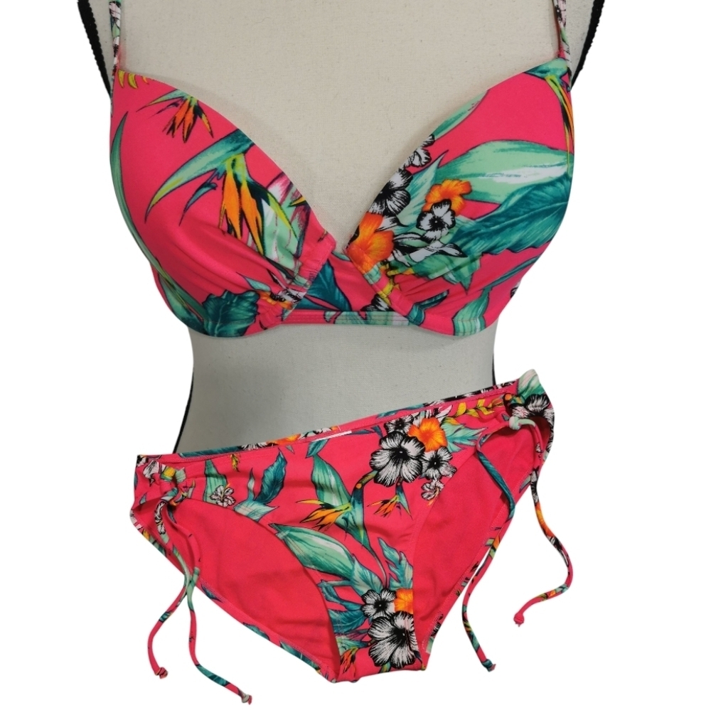 NWT Old Navy Bright Pink Tropical Floral Side Tie Bikini - Sz L
